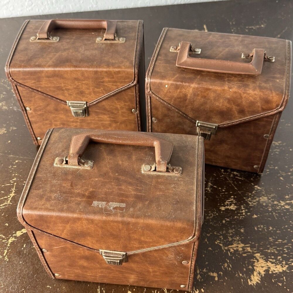 Vintage 45 Rpm Carrying Cases Lot Of 3 Faux Leather Metal Latch & Corner Rivets